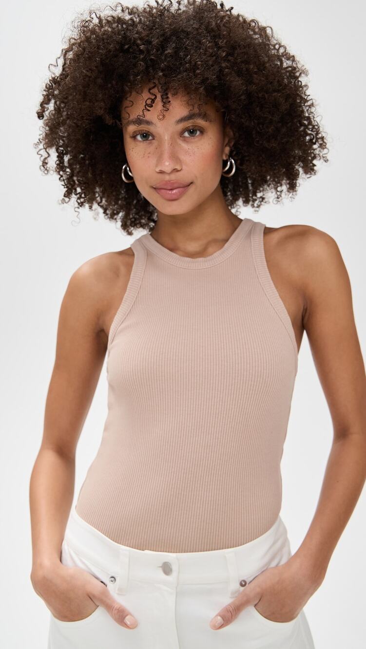 AGOLDE Rayne Tank Crew Neck Sleeveless Ribbed Knit Top Cabana Tan Beige Small